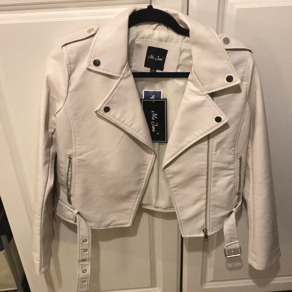 Cream Faux Leather Moto Jacket
